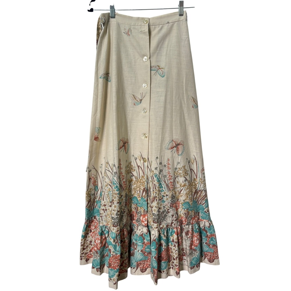Vintage‎ Louben Montreal Butterfly Floral Button Front Maxi Skirt Cream